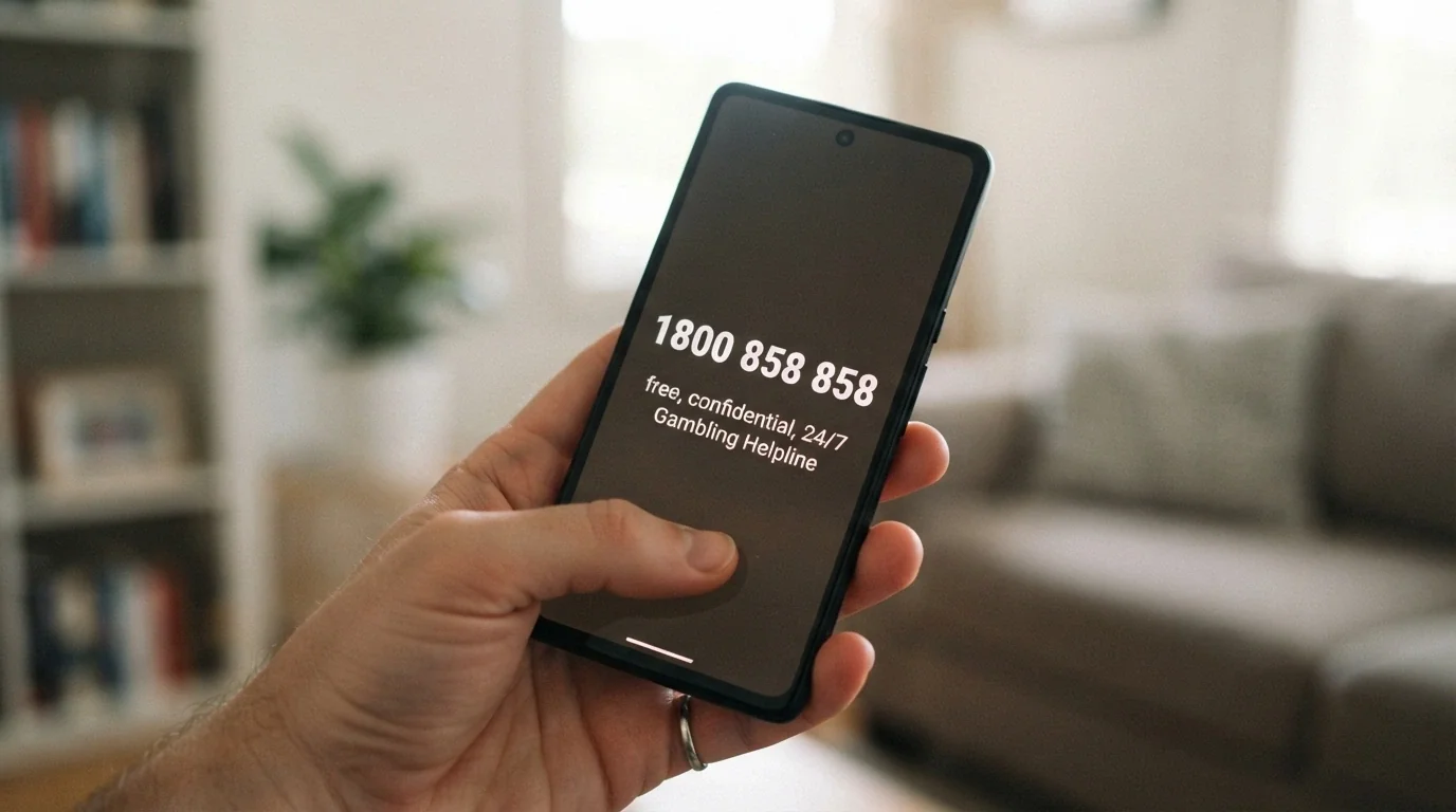 A close-up of a phone showing the number 1800 858 858 on screen, with the Gambling Help Online logo and the words free, confidential, 24/7 visible beneath it