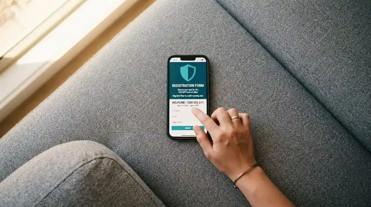 A hand hovering over a smartphone showing the BetStop registration screen and the 1800 858 858 helpline number