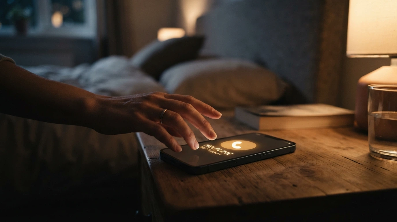 A 24/7 helpline symbol with the number 1800 858 858 displayed prominently, and a hand reaching toward a phone