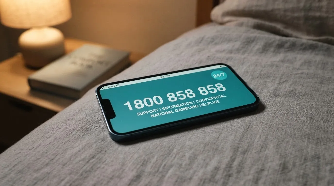 A phone screen displaying the National Gambling Helpline number 1800 858 858 with a 24/7 badge