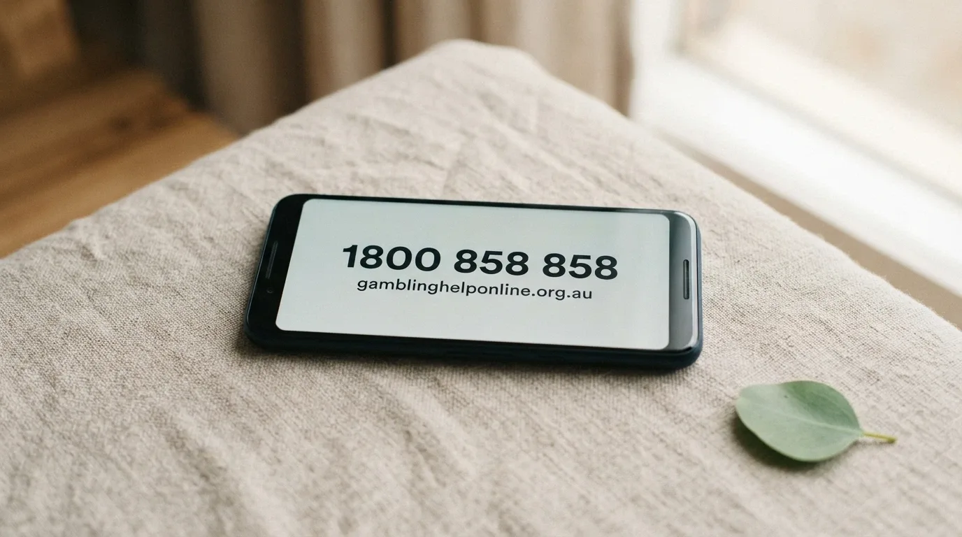 A calm, clean frame showing the National Gambling Helpline number (1800 858 858) and the Gambling Help Online URL on a phone screen