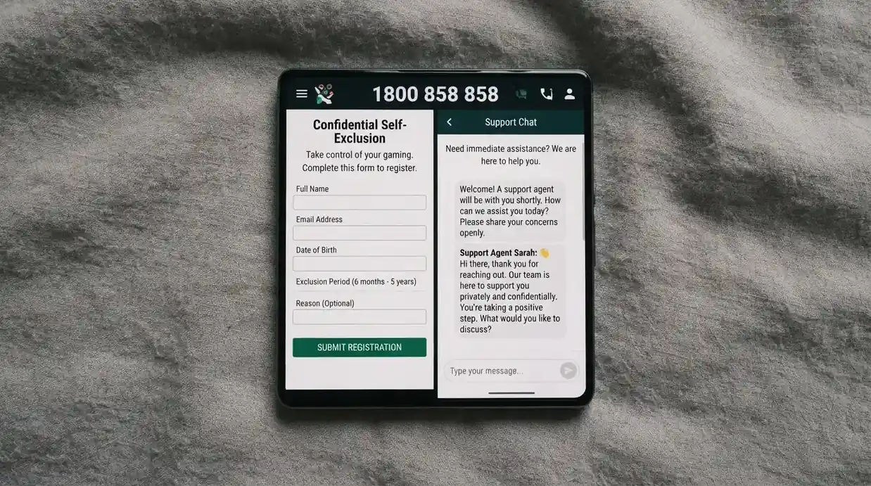 A smartphone showing the BetStop registration screen and the Gambling Help Online chat interface side by side, with the National Gambling Helpline number 1800 858 858 clearly legible