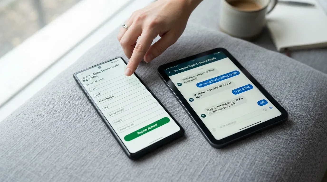 A smartphone showing the BetStop registration screen beside a chat window for the National Gambling Helpline