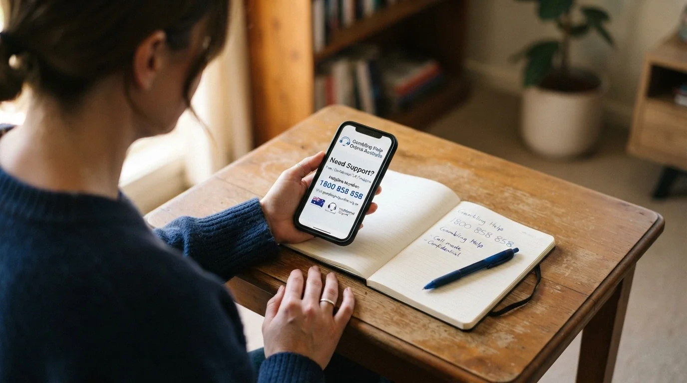 A person holding a smartphone displaying the Gambling Help Online homepage beside a notebook with the number 1800 858 858 written on it