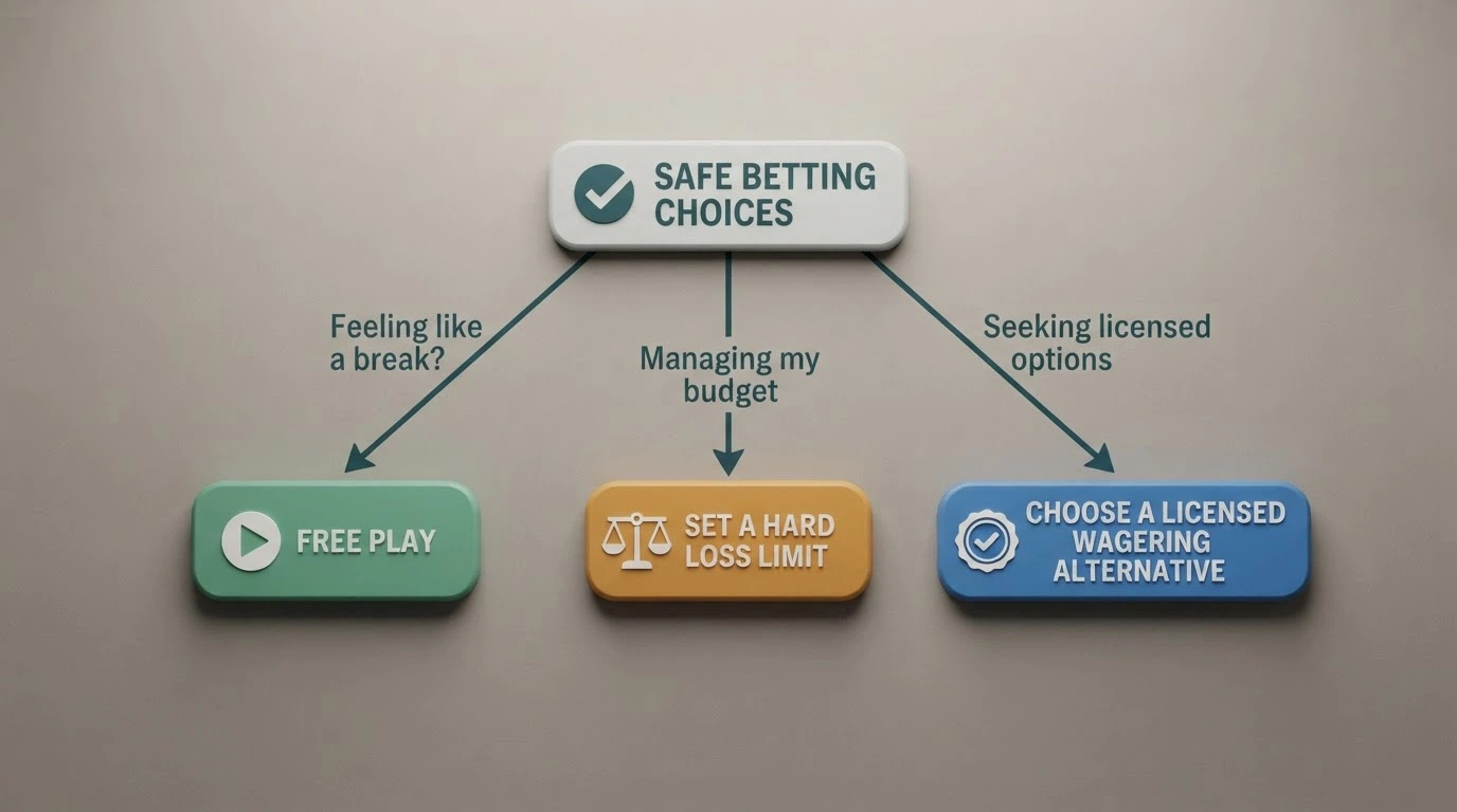 A simple three-branch decision diagram — play free, set a hard loss limit, or choose a licensed wagering alternative — each path ending in a coloured outcome marker