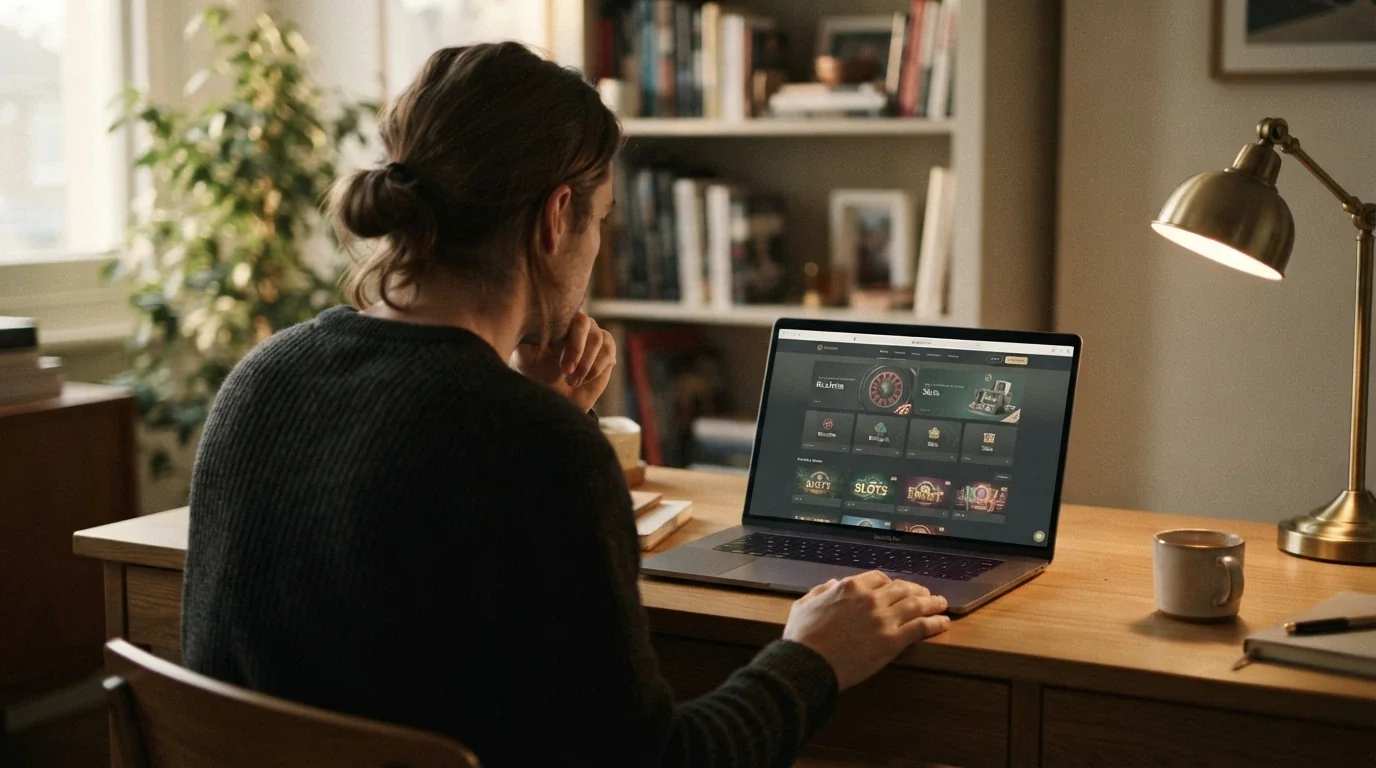 A person seated at a desk with a laptop open to a casino site, hand paused near the keyboard, looking at the screen with a considered expression