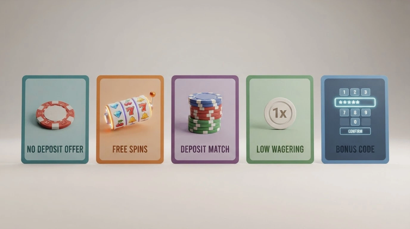 Five illustrated cards laid out side by side, each showing a different sign-up bonus type: no-deposit chip, free spins, deposit match, low-wagering cash, and bonus code field