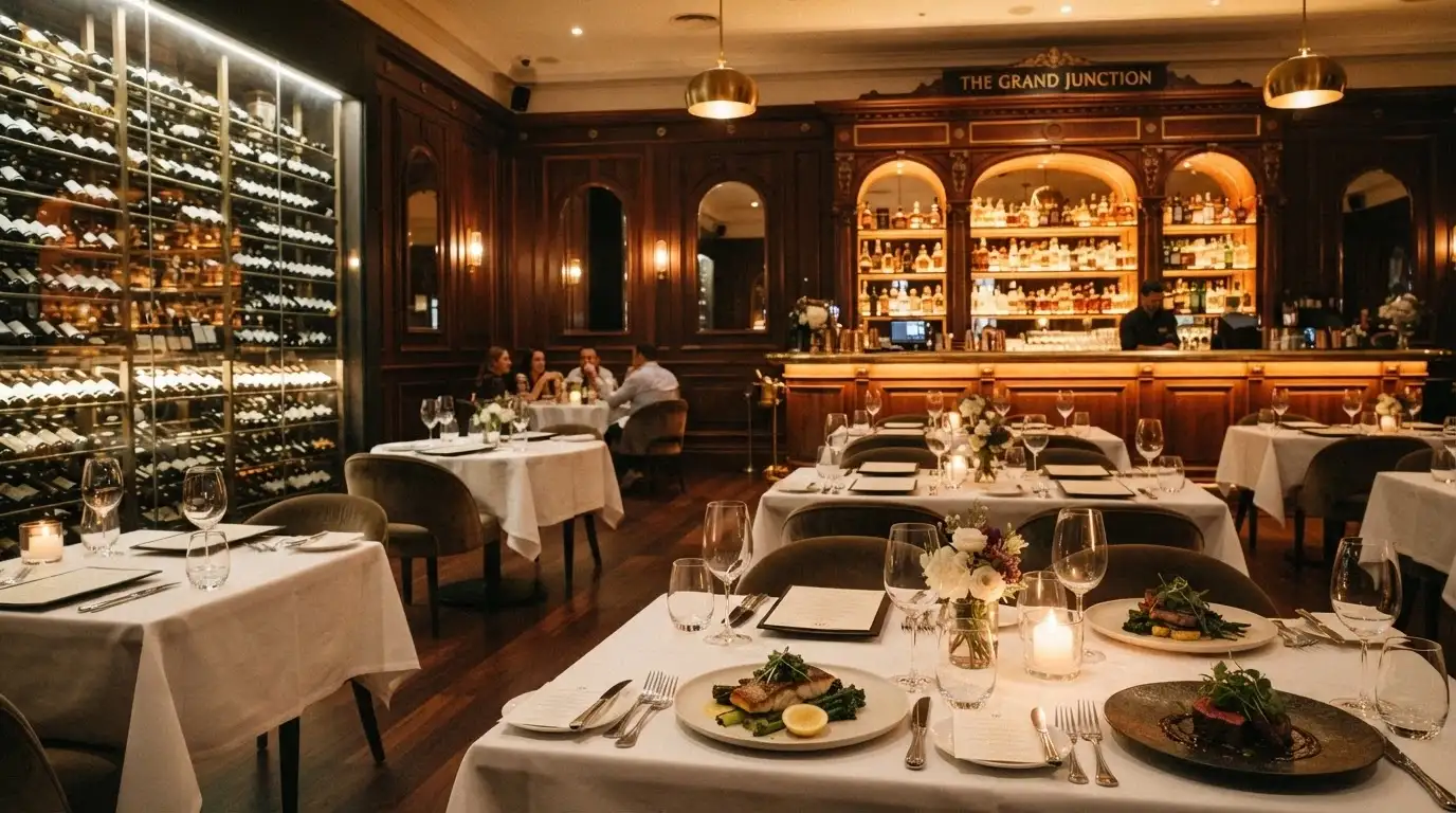 Interior of one of SkyCity Adelaide's signature restaurants — warm dining-room lighting with plated dishes and bar visible