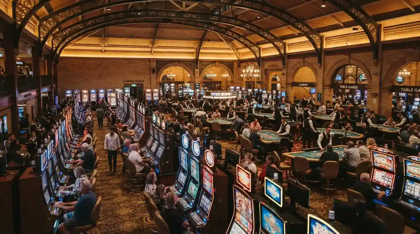 Rows of electronic gaming machines under warm lighting across the main casino floor with table games visible beyond