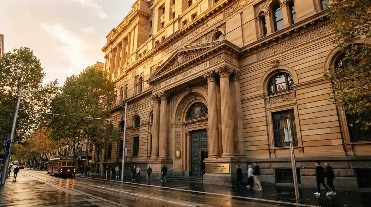 The heritage sandstone façade of the Adelaide Railway Station building housing SkyCity Adelaide, North Terrace street view
