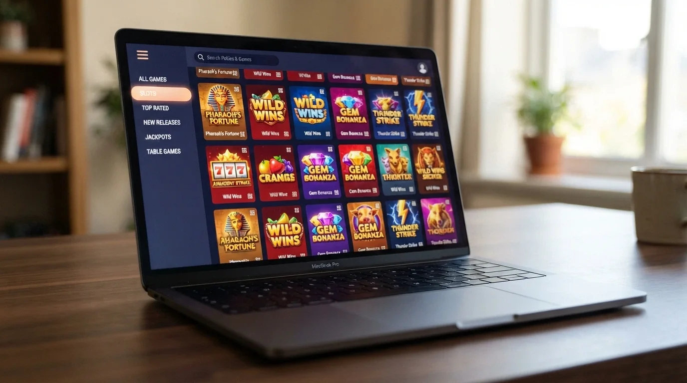 A casino game lobby screen showing rows of pokie thumbnails with a search bar, provider filters and a Pragmatic Play section highlighted
