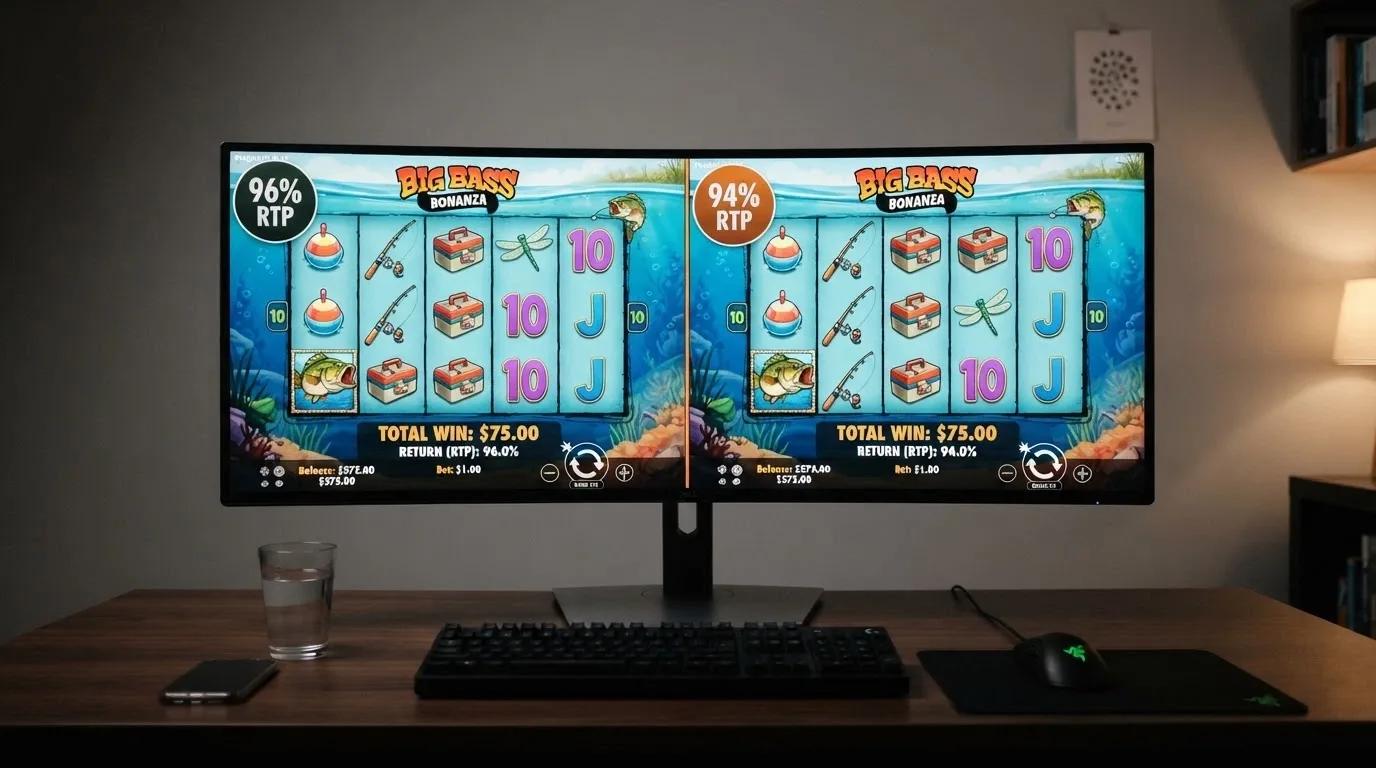 Two versions of the same pokie title side by side on a screen, one labelled with a 96% RTP badge and the other with a 94% RTP badge, the same spin result showing different returns