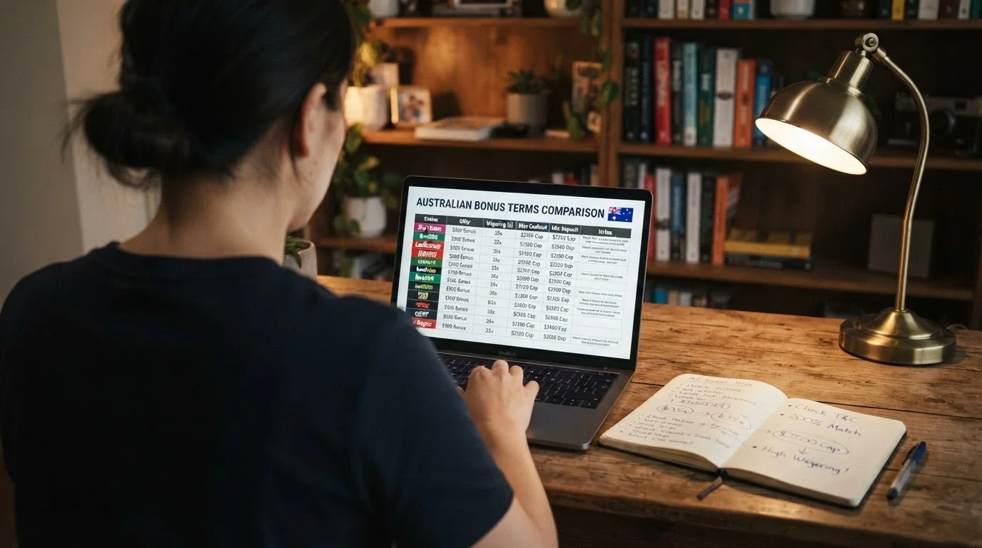 A player reviewing bonus terms on a laptop screen with a notebook open beside the keyboard