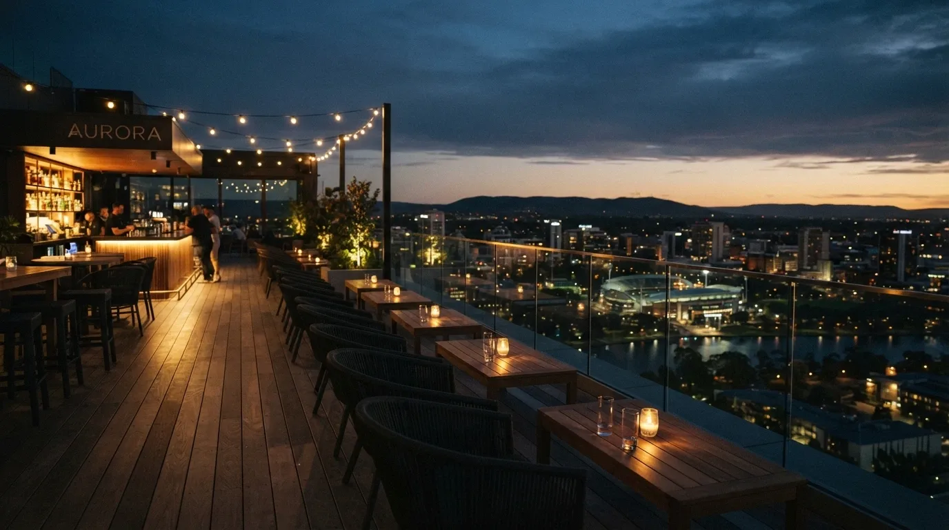 Sol Bar and Restaurant rooftop at dusk, 75 seats with panoramic Adelaide city views