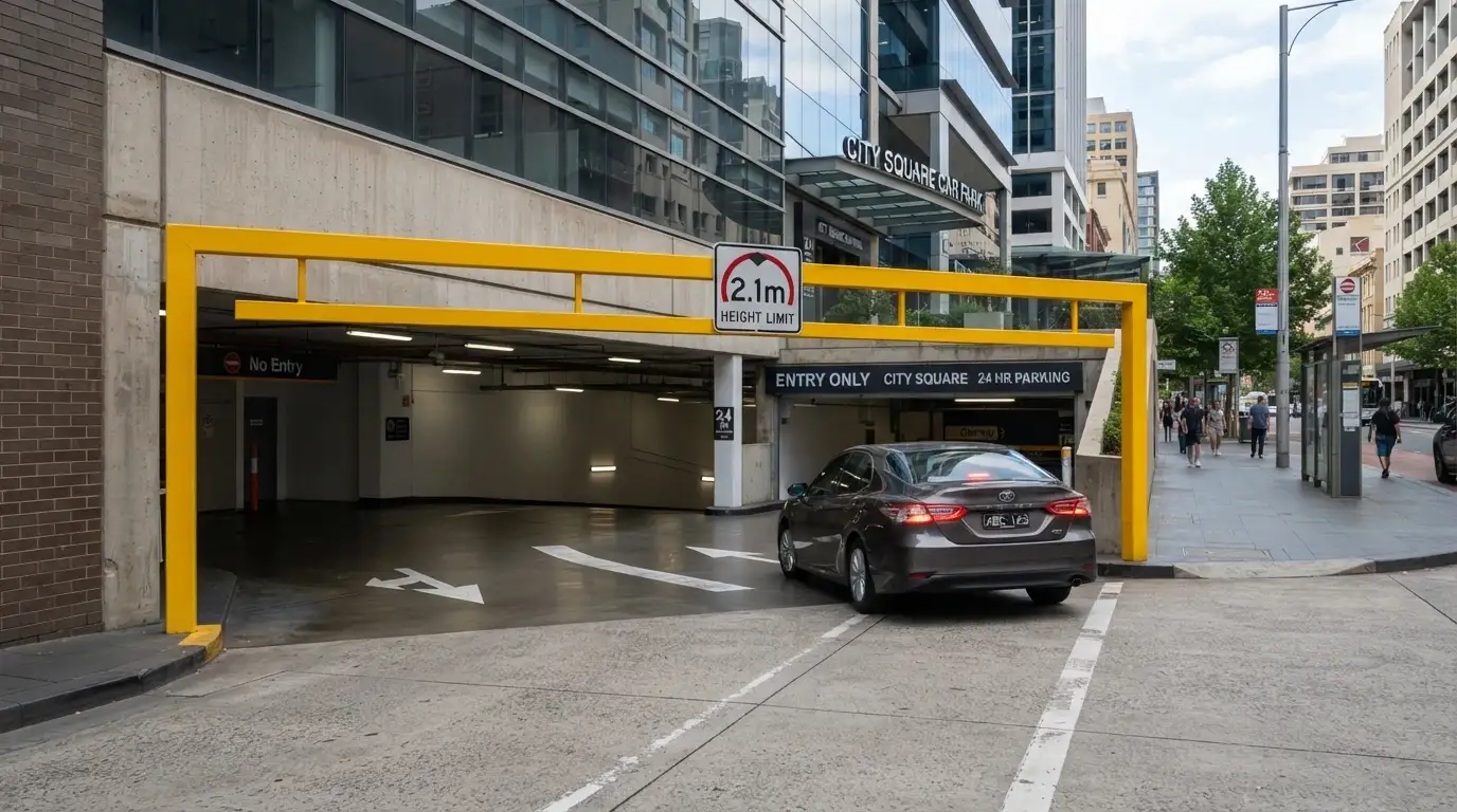 One of the three car-park entrances serving The Star Brisbane with the height-limit signage visible