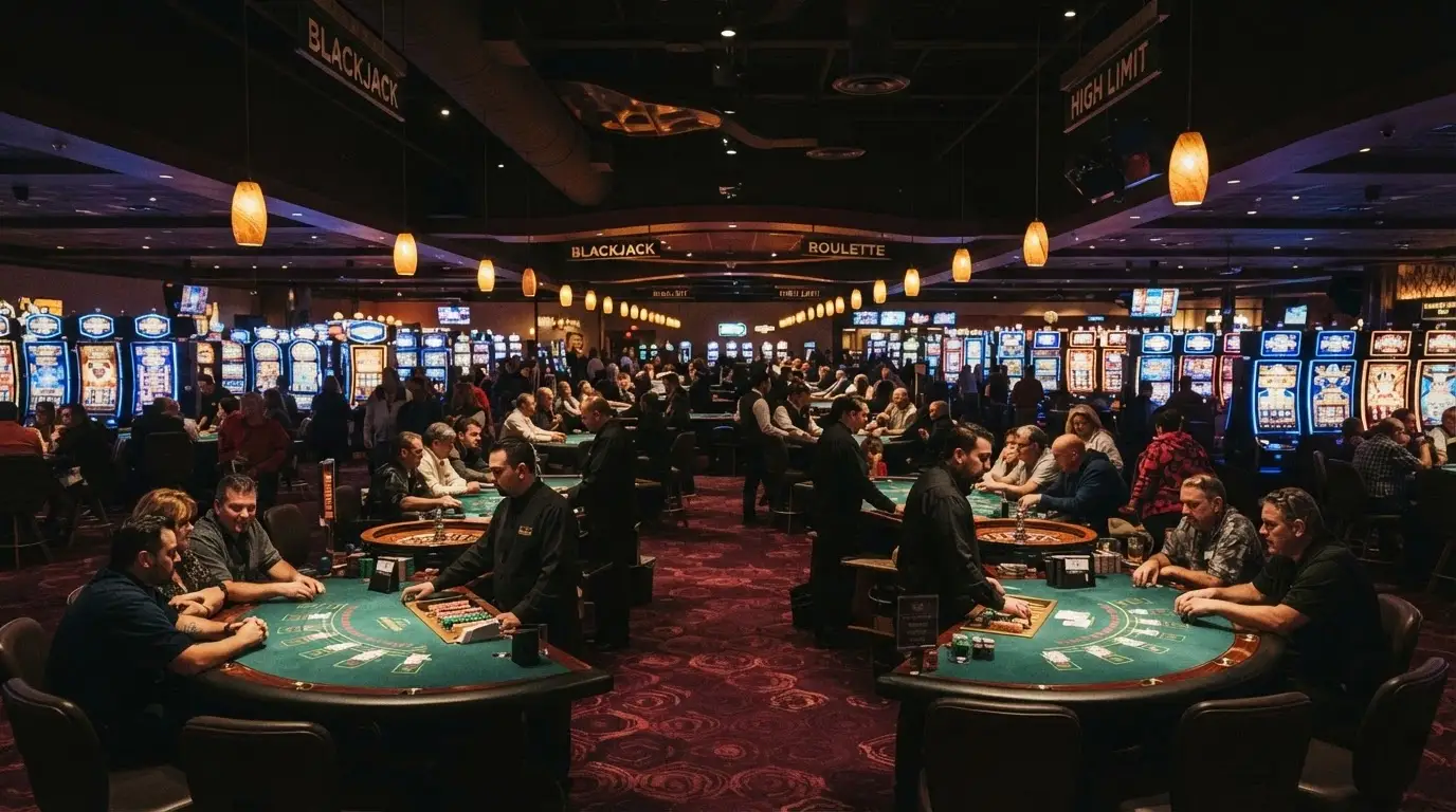 The main gaming floor with rows of table games under low lighting, dealers at position