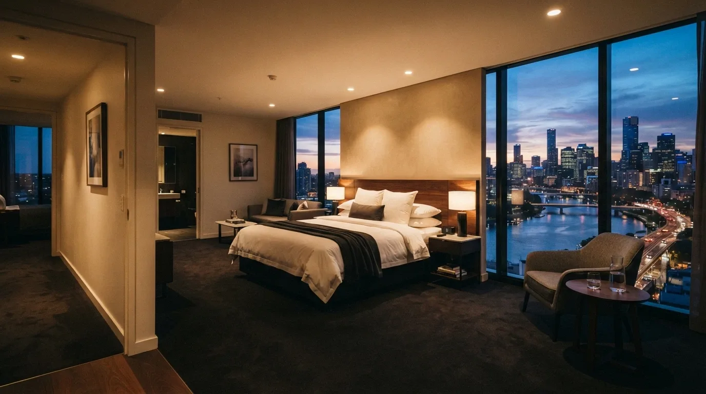 A Star Grand guest room with floor-to-ceiling windows looking out over the Brisbane River and South Bank