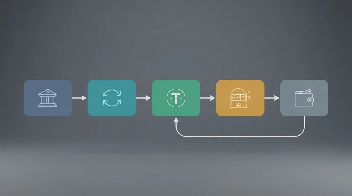 A diagram showing the USDT casino payment flow: Australian bank → crypto exchange → USDT wallet → casino deposit → withdrawal back through the same route