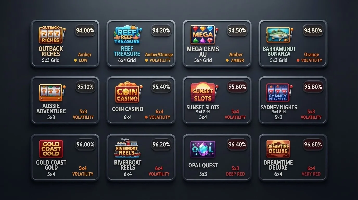 A grid of game-card tiles for the top 7-reel pokies — Sugar Rush 1000, Seven 7's, Superstar Sevens, 7x7 Zeus Max — each showing its RTP badge
