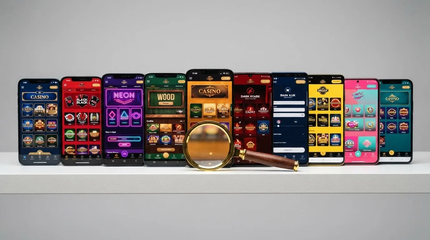 A row of ten smartphone screens each showing a different casino lobby, arranged in ranked order with a magnifying glass over the middle ones