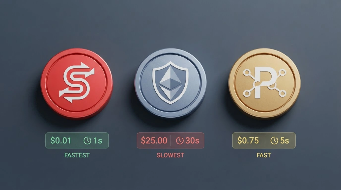 Three blockchain network icons (TRON, Ethereum, BNB Chain) side by side with fee amounts and clock icons showing confirmation times