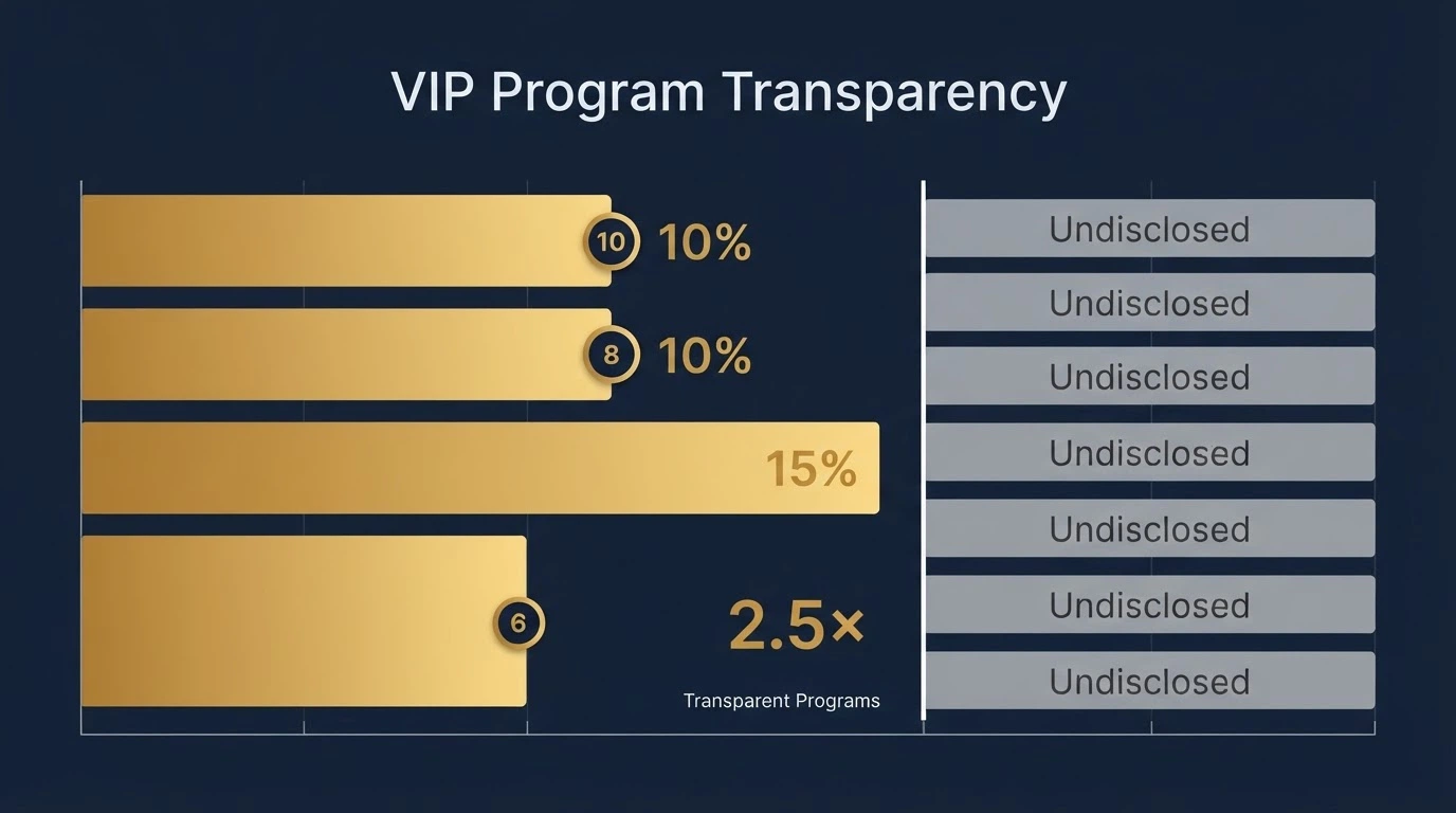 A split-screen comparison graphic showing operator names against their VIP tier counts and cashback percentages, with several rows marked as undisclosed