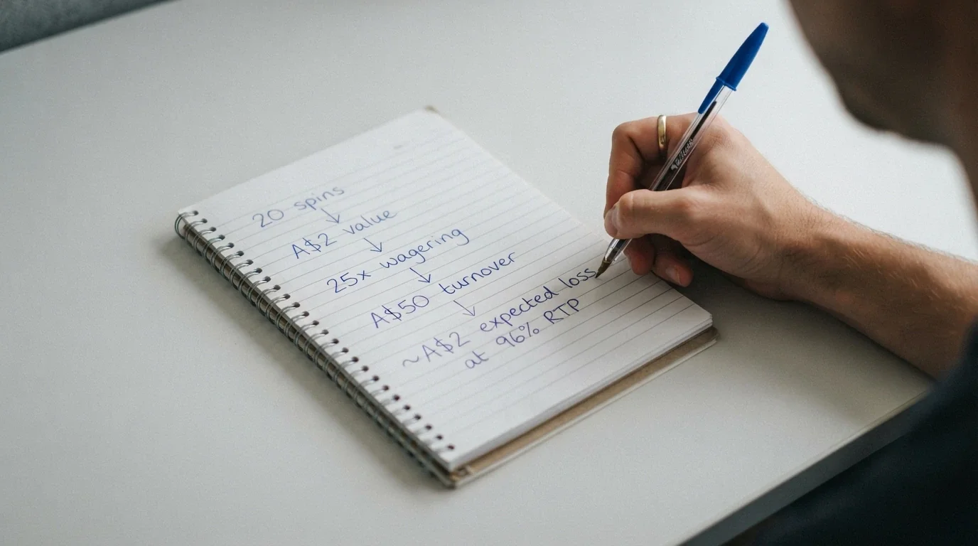 A calculator next to a notepad showing the handwritten maths: 20 spins → A$2 value → 25x wagering → A$50 turnover → ~A$2 expected loss at 96% RTP