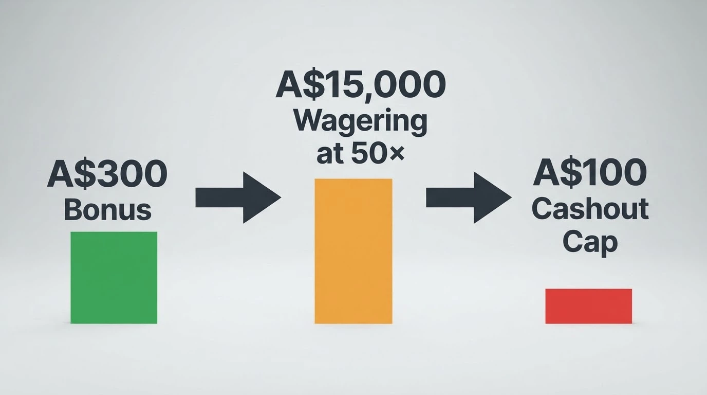 A visual breakdown of a A$300 bonus with arrows showing the 50x wagering turning it into A$15,000 in required turnover, and a final cashout arrow shrinking to A$100