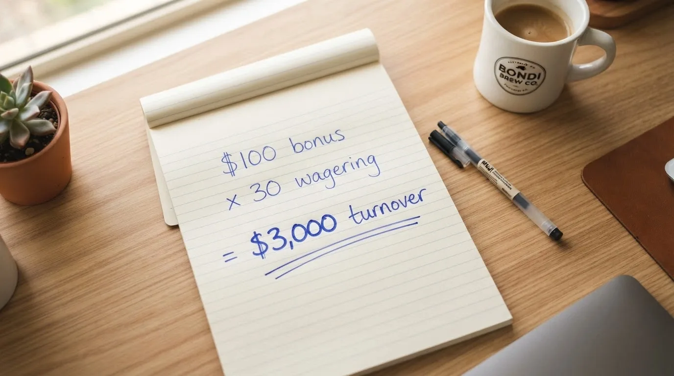 A notepad showing the wagering calculation — bonus amount multiplied by the wagering multiplier equals the turnover required