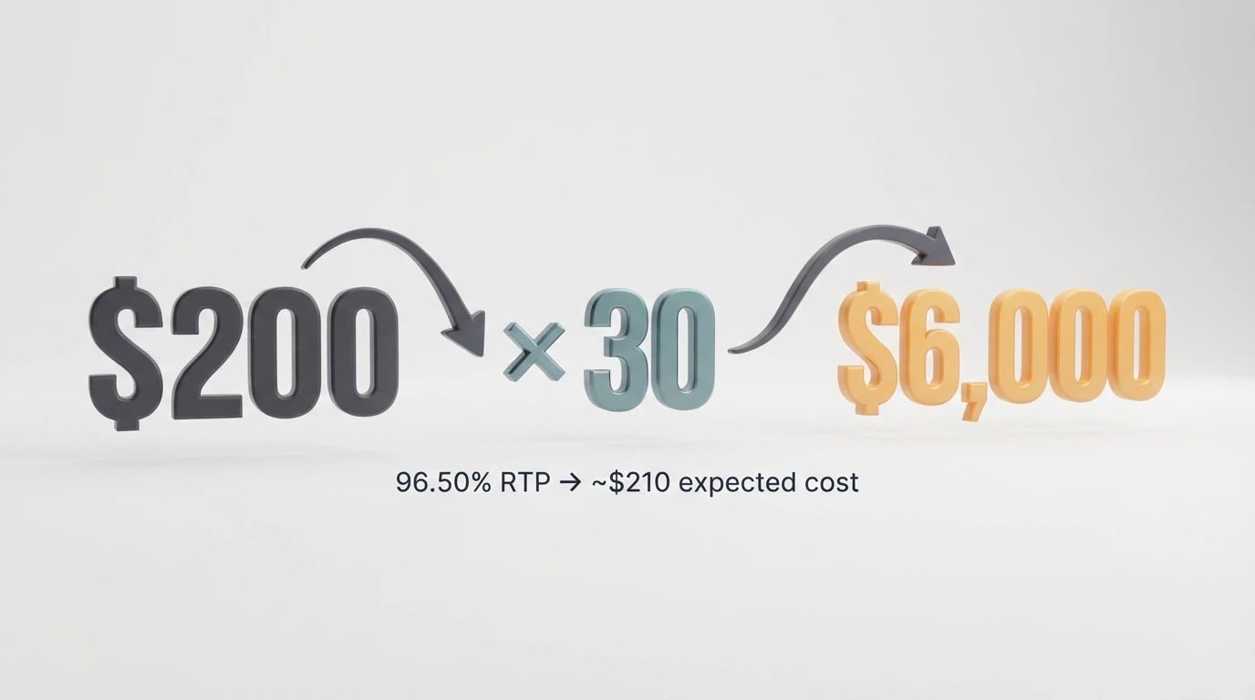 A visual equation breaking down a A$200 bonus at 30x wagering into the A$6,000 turnover it demands, with the RTP slice removed