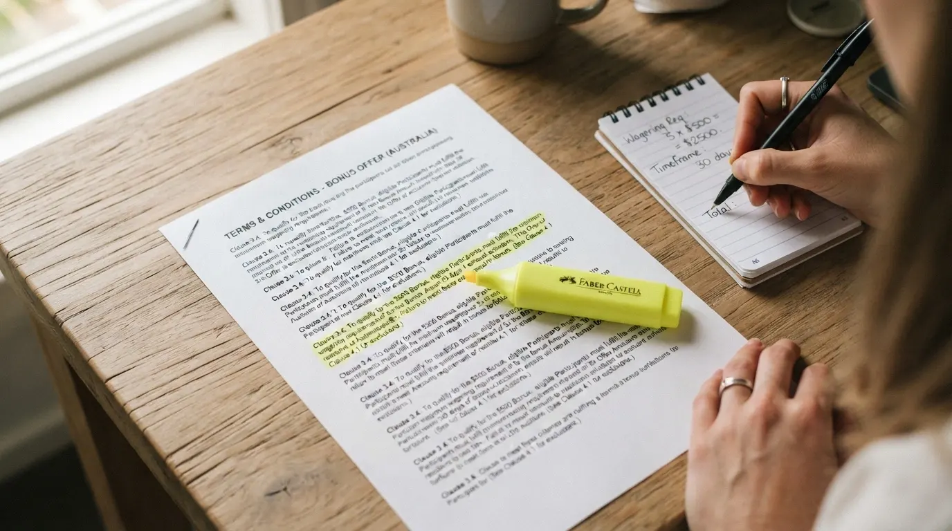 A close-up of a terms-and-conditions document with a highlighter marking the wagering-multiple clause, a calculator visible beside it