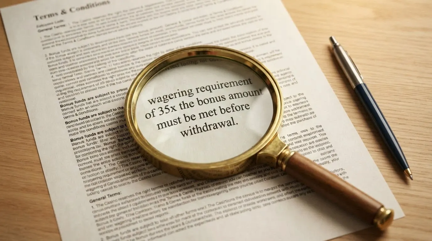 A magnifying glass over printed casino bonus terms, highlighting the wagering-multiple clause in fine print