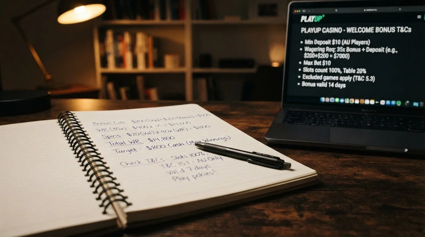 A calculator and a notepad with wagering-requirement figures written beside a bonus-terms screen