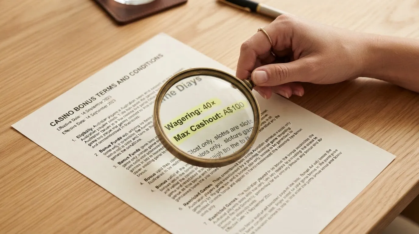 A magnifying glass held over printed casino bonus terms and conditions, with the wagering-requirements and maximum-cashout clauses highlighted in yellow