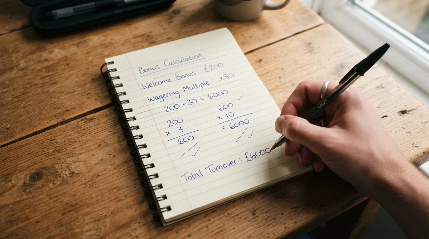 A notepad with handwritten wagering maths: a bonus amount multiplied by a wagering multiple equals a turnover figure, with a calculator beside it
