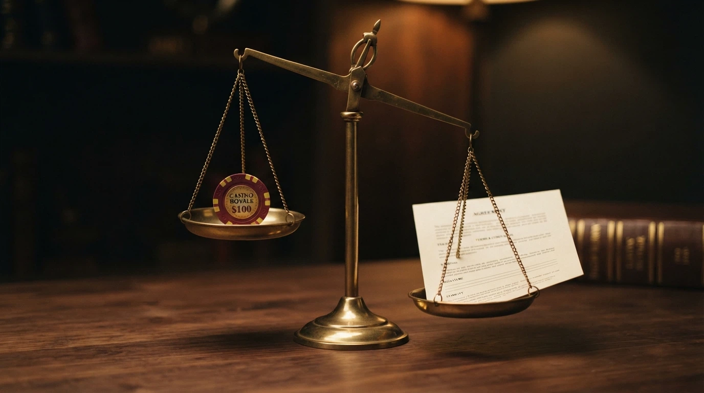 A set of balance scales with a welcome-bonus chip on one side and a contract document on the other, tipping toward the document