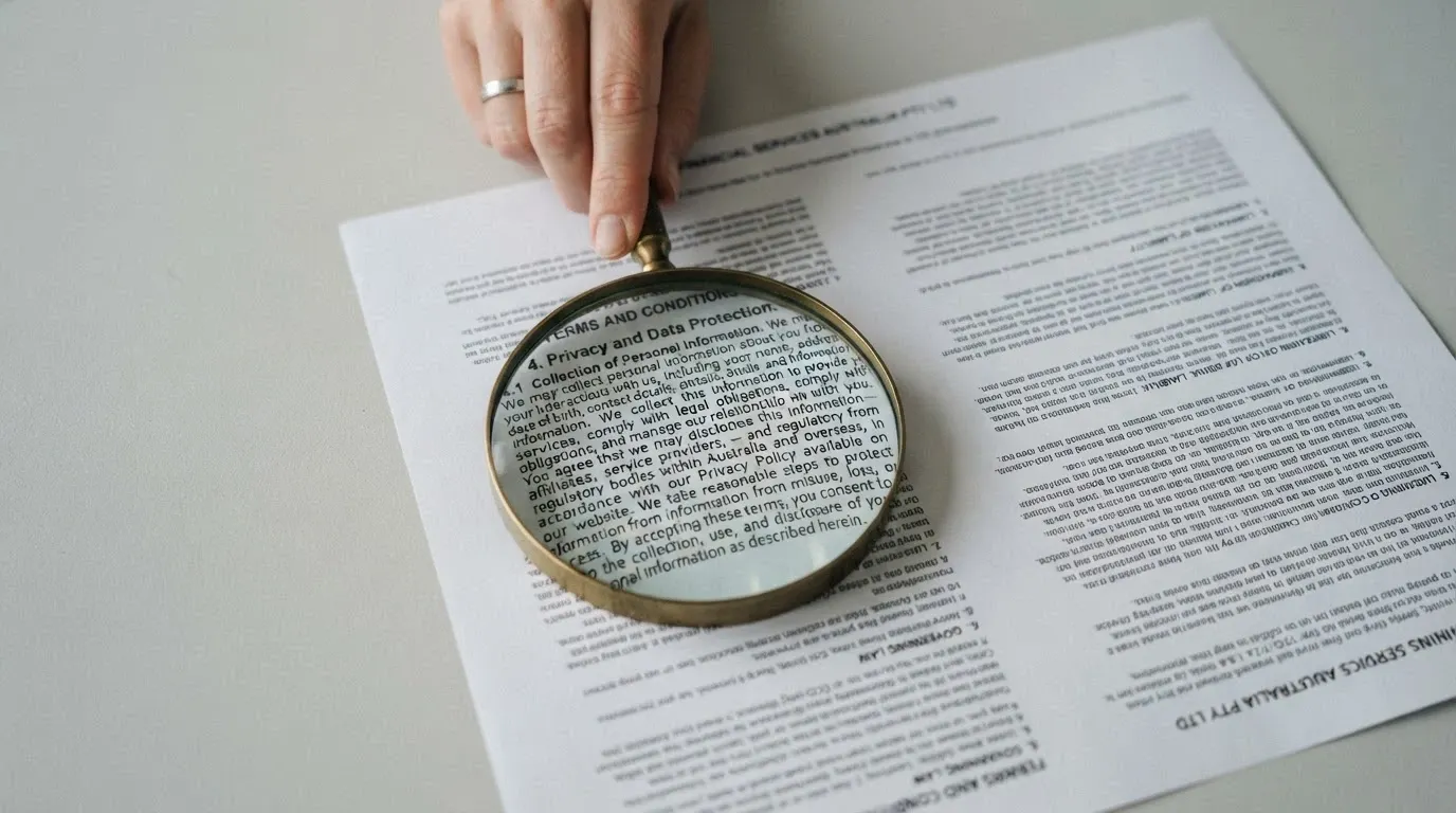 A magnifying glass over a terms-and-conditions page, highlighting a paragraph about withdrawal fees in small print