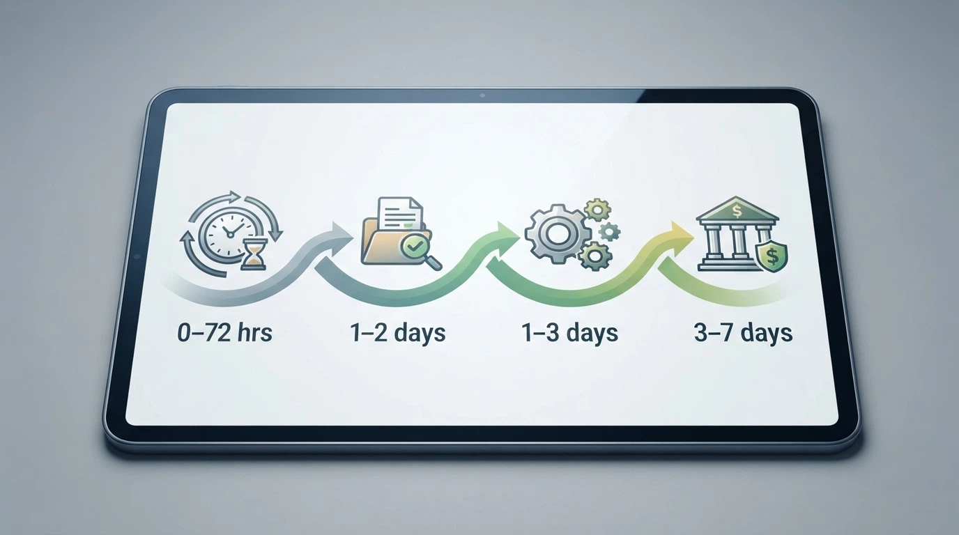 A timeline graphic tracing the withdrawal journey from a casino pending queue through operator checks to a bank account, with time markers at each stage